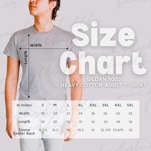 Gildan 5000 男性用サイズ表、G5000 POD モックアップサイズ比較表、Gildan 大人用Tシャツサイズ表、トレンドのシンプル男性モデルフィットガイド