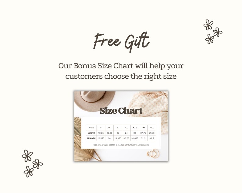 The image is a promotional graphic for a free size chart, which is designed to help customers choose the right size by providing a visual guide.