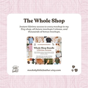 The image is a promotional graphic for a clothing store called "The Whole Shop". It features a collage of various clothing items and accessories, along with text providing information about the store's offerings and a free lifetime access to all future mockups.