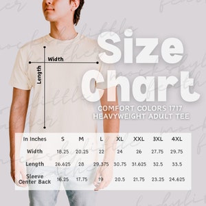 Comfort Colors 1717 メンズサイズ表、C1717 PODサイズ比較表、Comfort Colors オーバーサイズTシャツガイド、トレンドのシンプルメンズモデル