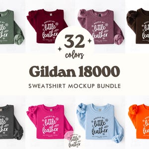 May include: A mockup bundle of Gildan 18000 sweatshirts in various colours. Each sweatshirt is folded, displaying the "mocks by little feather" design. The image showcases 32 colour options, including green, burgundy, and orange. The text "SWEATSHIRT MOCKUP BUNDLE" is also visible.