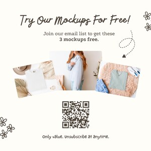 The image is a promotional graphic for a free mockup service, featuring a woman in a white sweater and a white shirt, along with a QR code and a text overlay.