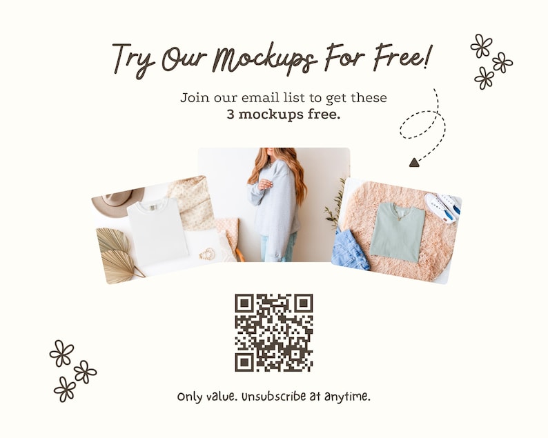 The image is a promotional graphic for a free mockup service, featuring a woman in a white sweater and a white shirt, along with a QR code and a text overlay.