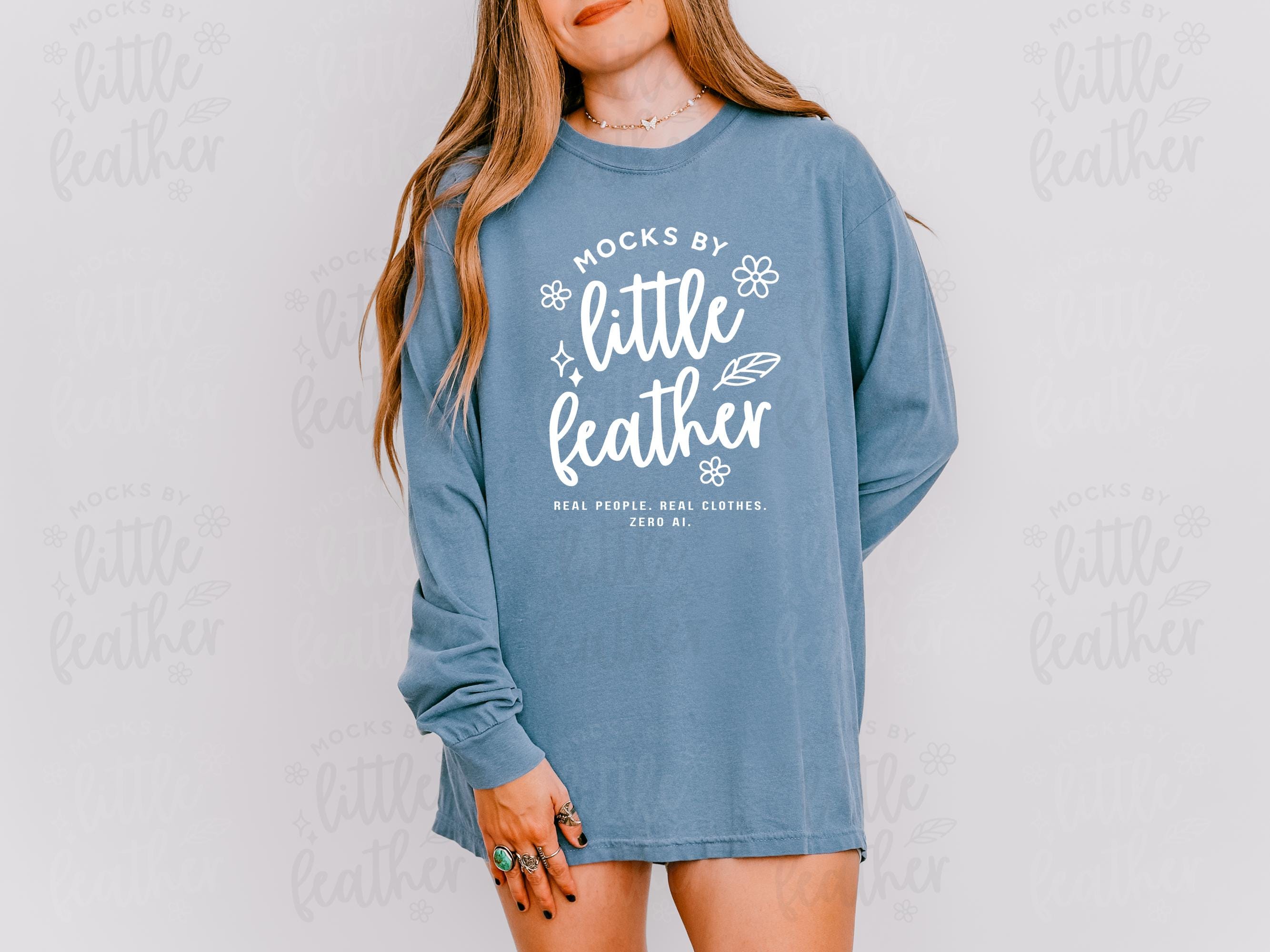 Comfort Colors 6014 Blue Jean Long Sleeve Shirt Mockup | C6014 T-Shirt Mock | Real Model Mock-Up | Simple Trendy Oversized Tee Aesthetic