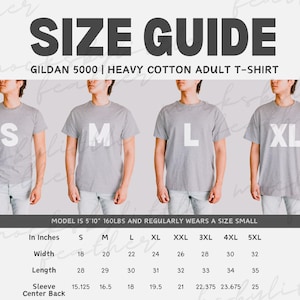 Gildan 5000 男性用サイズガイド、G5000 POD モックアップサイズ比較表、Gildan 大人用Tシャツサイズ表、トレンドのシンプル男性モデルフィットガイド