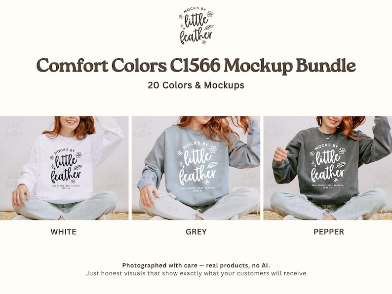Comfort Colors 1566 Tröja Mockup Bundle | C1566 Rundkragetröja Mockups | Riktiga CC 1566 Livsstilsmodell Mockups | Alla 20 POD-färger bild 2