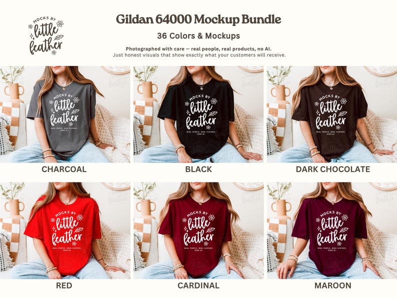 Gildan 64000 T Shirt Mockup Bundle | G64000 T-shirt Mock-Up | G640 Tee Mock Up | Real Human Model | Trendy Warm Cozy Boho Minimal Aesthetic image 3