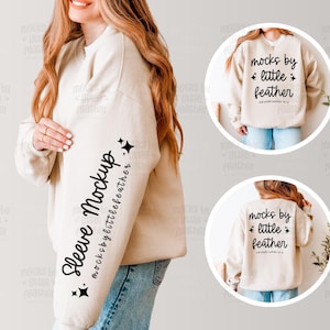 May include: A beige crewneck sweatshirt featuring black text on the sleeve that reads Sleeve Mockup and mocksbylittlefeather with star icons. Two circular insets show the same sweatshirt with the text Mocks by little feather.