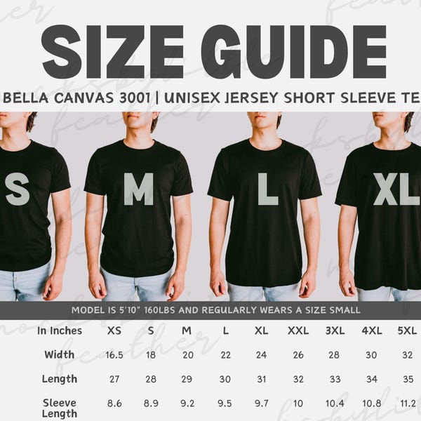 Bella Canvas 3001 Male Size Guide, BC3001 POD Mockup Sizing Comparison Chart, Unisex Short Sleeve Tee, Trendy Simple Male Model Fit Guide