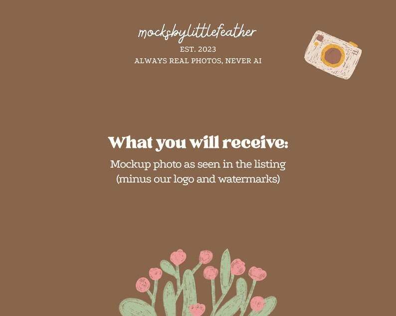 The image is a mockup of a listing for a photography service, featuring a camera and a plant illustration. The text provides information about the mockup photo and the company's logo and watermarks.