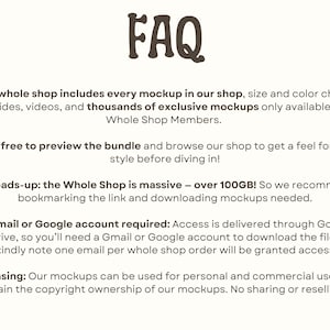 Puede incluir: Imagen con la palabra "FAQ" en una fuente marr&oacute;n retro. El texto debajo explica las maquetas de la tienda, incluyendo tablas de tallas, gu&iacute;as y videos. Menciona tambi&eacute;n la necesidad de una cuenta de Gmail o Google para el acceso y los detalles de la licencia.