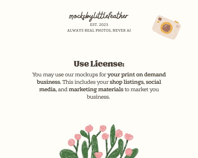 text and a small illustration of a camera, along with a floral design.