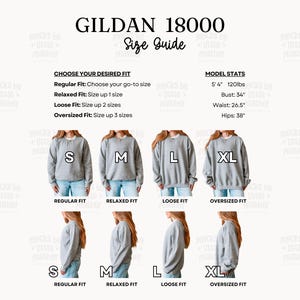 Gildan 18000 サイズガイド | G180 サイズ比較表 | G18000 クルーネック スウェットシャツ サイズ表 | POD モックアップ サイズ アセット | Trendy Real Human