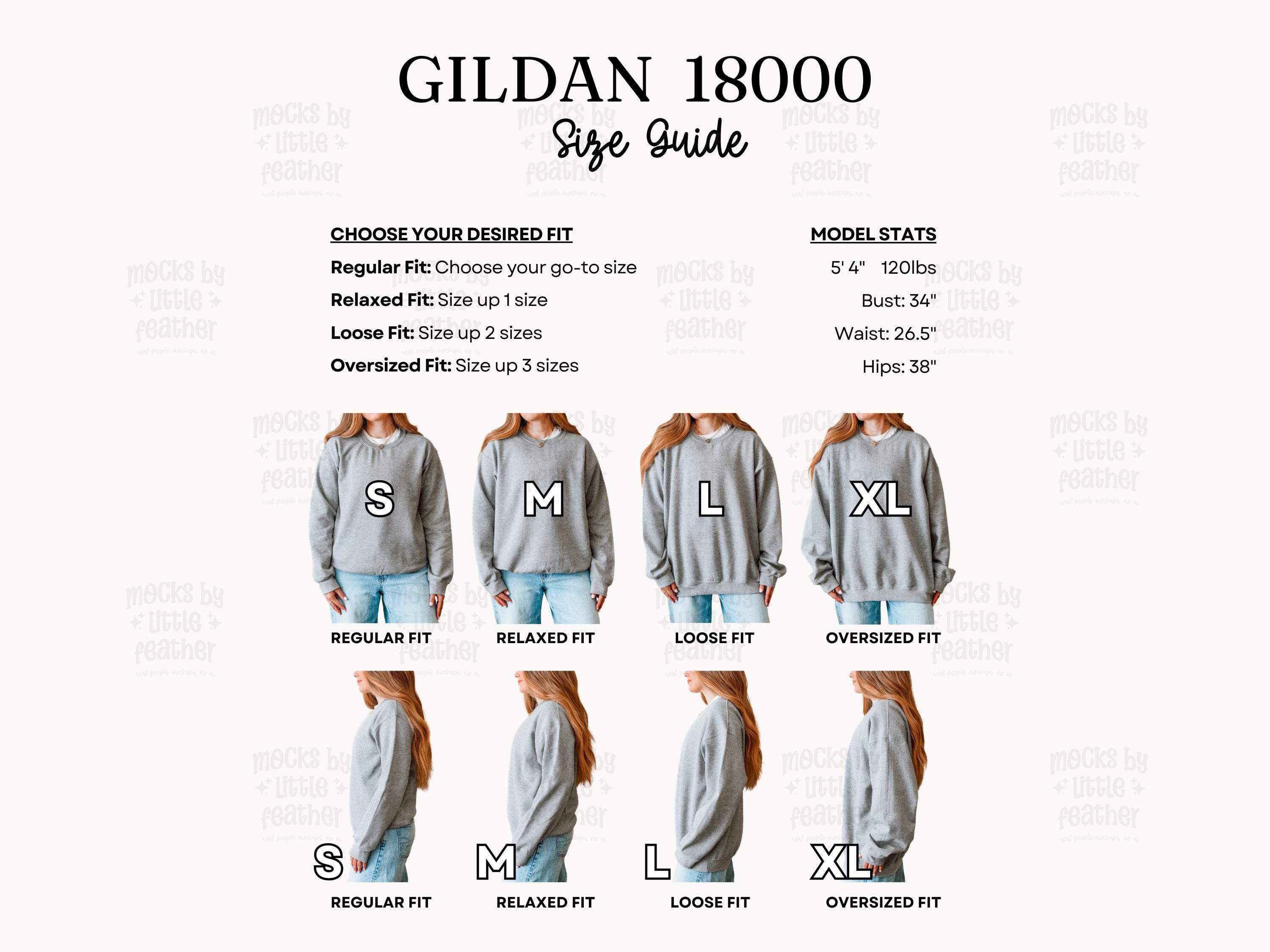 Gildan 18000 Size Guide | G180 Size Comparison Chart | G18000 Crewneck Sweatshirt Size Chart | POD Mockup Size Asset | Trendy Real Human