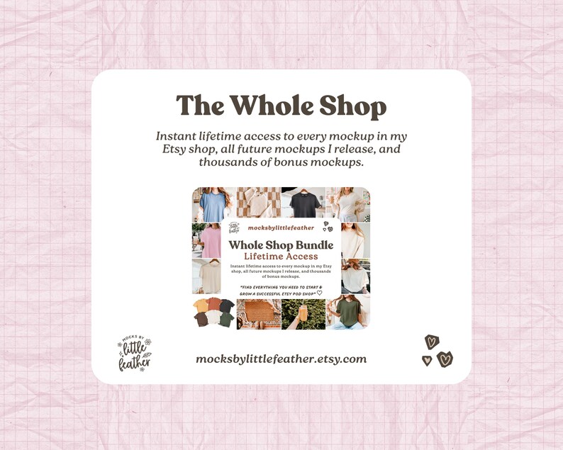 The image is a promotional graphic for a clothing store called "The Whole Shop". It features a collage of various clothing items and accessories, along with text providing information about the store's offerings and a free lifetime access to all future mockups.