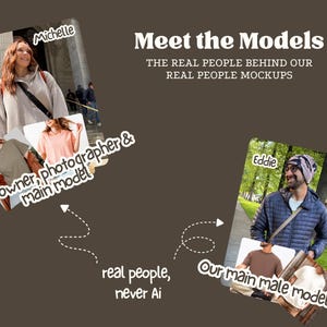 The image is a collage of two photos featuring people, with text overlaying them. The text includes phrases like "shop owner, photographer & main model", "Our main male model!", and "Our main male model!". The collage is a creative way to showcase the real people behind the mockups.