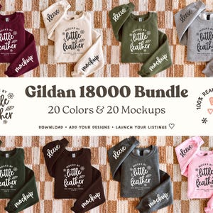 Zestaw makiet składanych bluz Gildan 18000 | Makiety swetrów z okrągłym dekoltem G180 Flat Lay | Makieta rękawów G18000 | Zdjęcia produktów lifestylowych