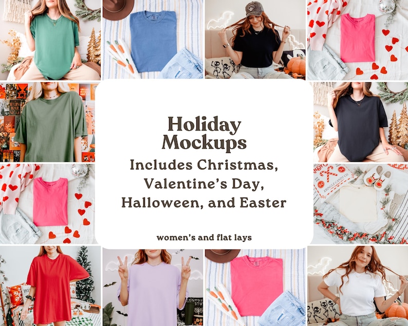 May include: A selection of t-shirt mockups in shades such as green, blue, black, pink, red, and white. The image features the text "Holiday Mockups" and "Includes Christmas, Valentine's Day, Halloween, and Easter."