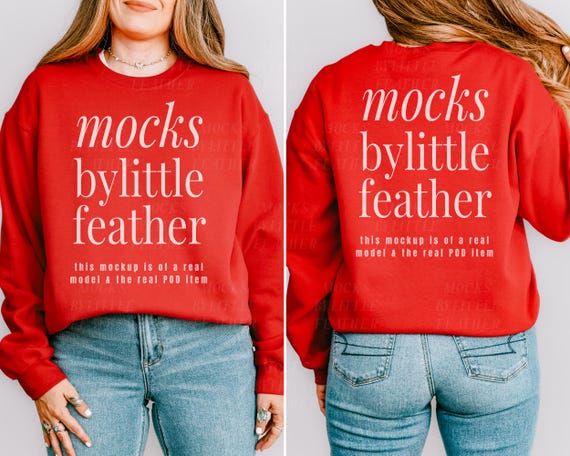 Gildan 18000 Front Back Mockup Red G180 Sweater Side by Side