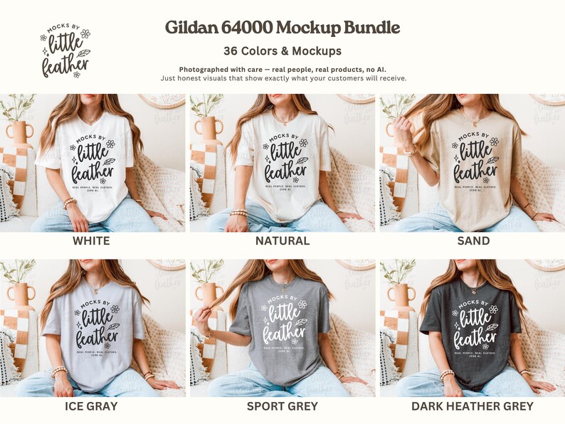 Gildan 64000 T Shirt Mockup Bundle | G64000 T-shirt Mock-Up | G640 Tee Mock Up | Real Human Model | Trendy Warm Cozy Boho Minimal Aesthetic image 2