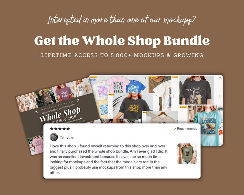 The image is a promotional graphic for a shop bundle, featuring a collage of various t-shirt designs and a review from a user who loved the shop.