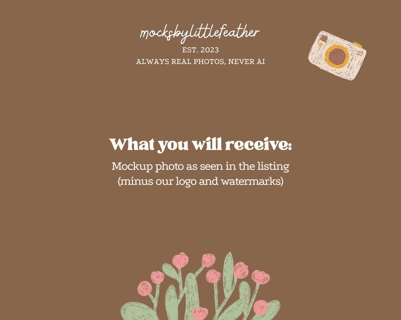 The image is a mockup of a listing for a photography service, featuring a camera and a plant illustration. The text provides information about the mockup photo and the company's logo and watermarks.