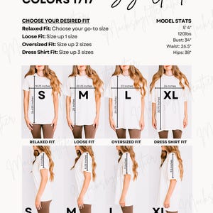 Puede incluir: Una guía de tallas Comfort Colors 1717 con camisetas blancas en tallas S, M, L y XL. El gráfico muestra vistas frontales y laterales con medidas en pulgadas para ajustes relajado, holgado, oversize y tipo vestido, además de estadísticas.