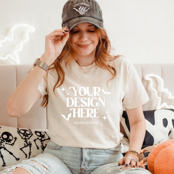 Comfort Colors 1717 Mockup Ivory, Fall Tshirt Mockup, Halloween Mockup, Comfort Colors Model Mockup, Aesthetic Shirt Mockup, Ivory Mockup