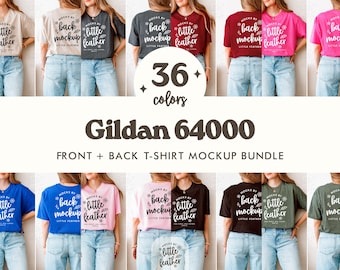 Gildan 64000 T Shirt Front Back Mockup Bundle | G640 T-shirt Side by Side Mock-Up | G64000 Split View Tee Mock Up for POD | Real Human Model