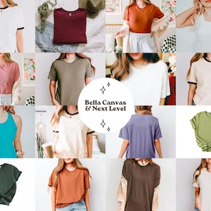 Puede incluir: Un collage de varias camisetas y camisetas sin mangas Bella Canvas y Next Level en diferentes colores, incluyendo blanco, negro, rosa, verde y azul. Algunas camisetas tienen ribetes en contraste. El texto "Bella Canvas & Next Level" est&aacute; en el centro.