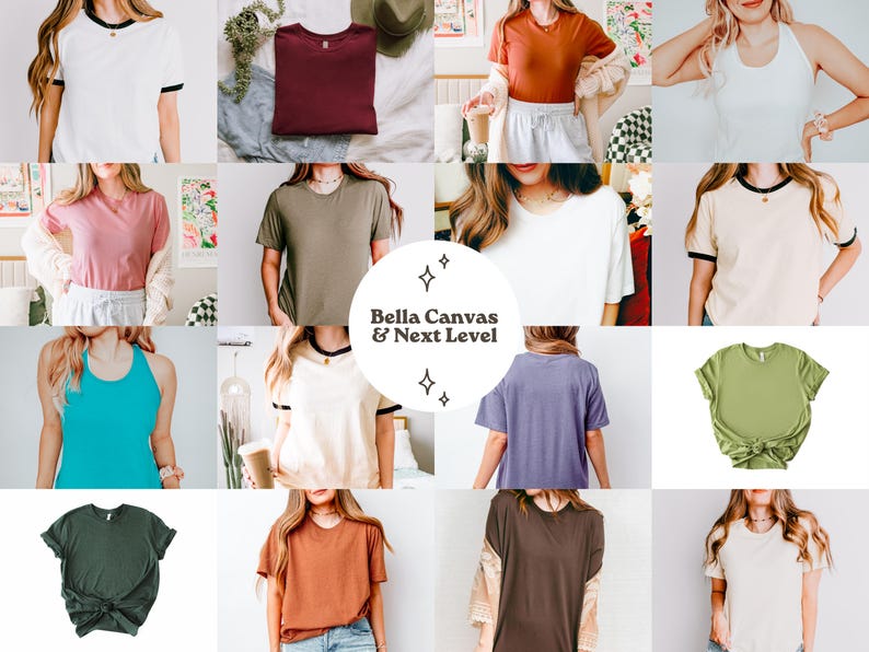 Puede incluir: Un collage de varias camisetas y camisetas sin mangas Bella Canvas y Next Level en diferentes colores, incluyendo blanco, negro, rosa, verde y azul. Algunas camisetas tienen ribetes en contraste. El texto "Bella Canvas & Next Level" est&aacute; en el centro.