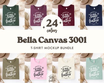 May include: A collection of Bella Canvas 3001 t-shirts in various colours, each featuring the white text Mocks by little feather, real people, real clothes, 24 colours, and a t-shirt mockup bundle label in the centre.