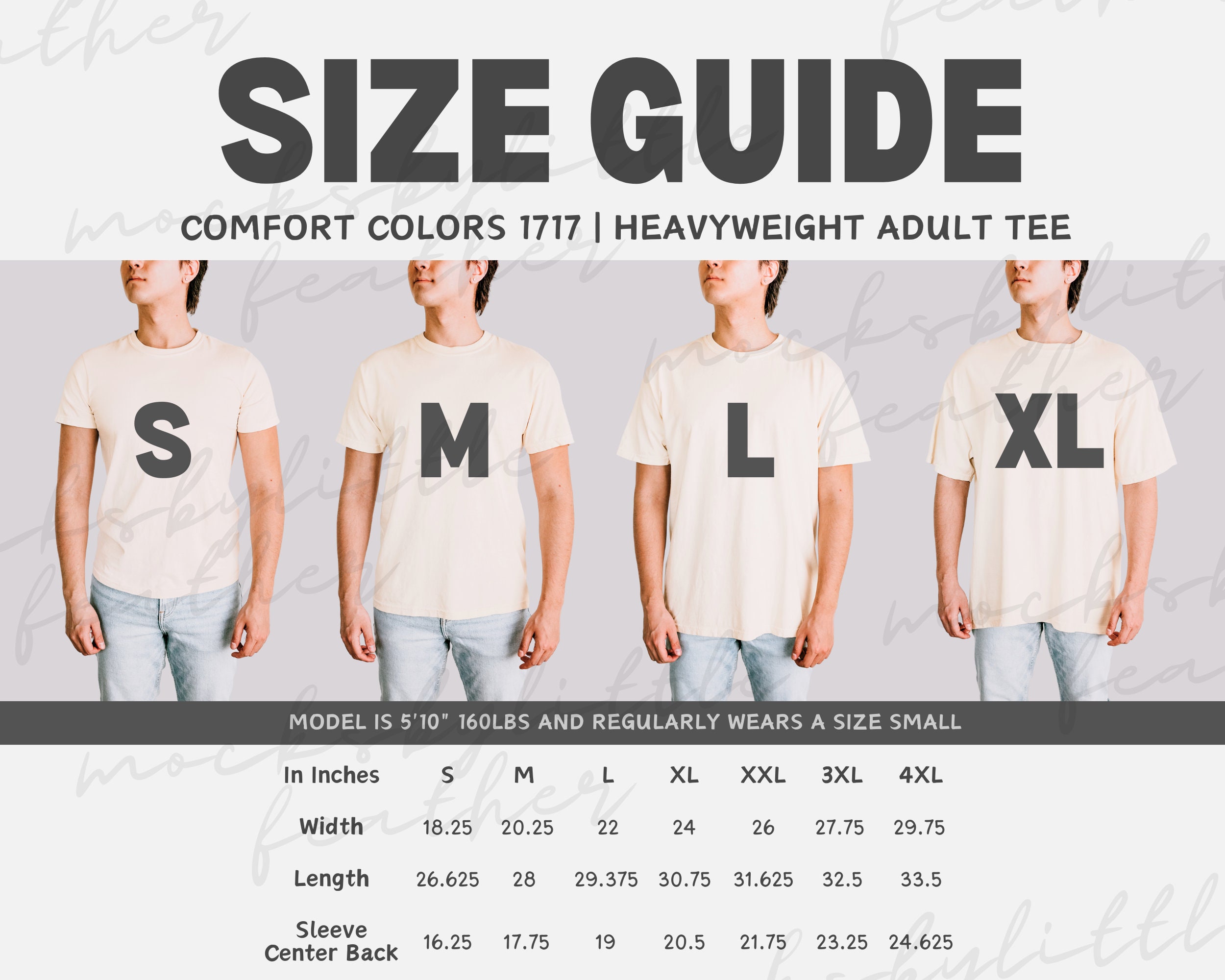 Comfort Colors 1717 Male Size Guide, C1717 POD Sizing Comparison Chart, Comfort Colors Oversized T-shirt Guide, Trendy Simple Male Model