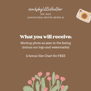 The image is a mockup of a listing for a mockup photo, with a small camera and a plant illustration. The text provides information about the mockup photo and a bonus Size Chart for free.
