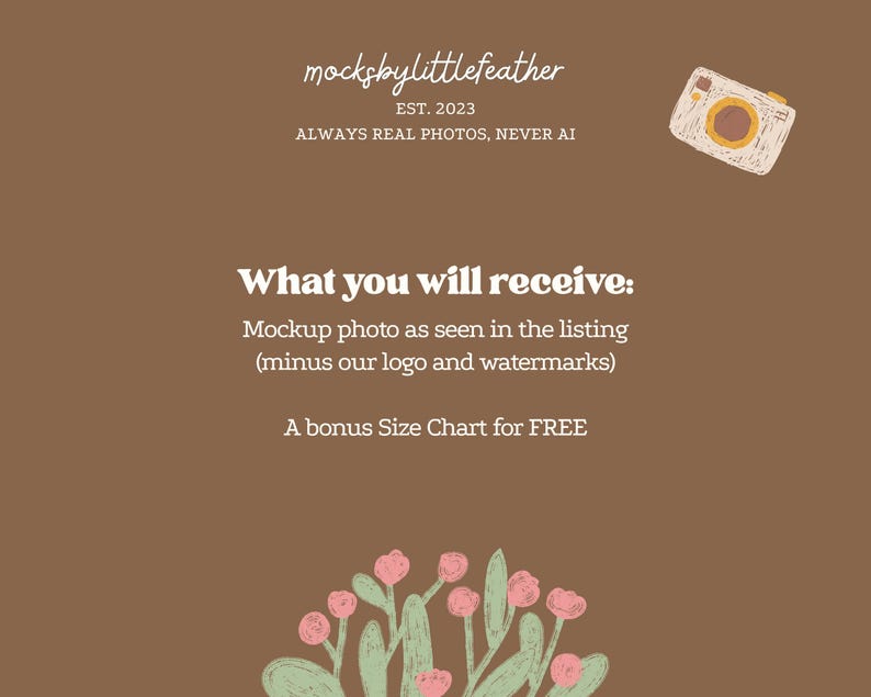 The image is a mockup of a listing for a mockup photo, with a small camera and a plant illustration. The text provides information about the mockup photo and a bonus Size Chart for free.