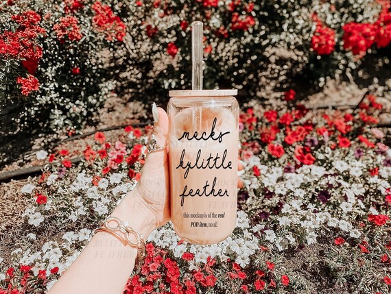 16oz Sipper Glass Mockup | Generic Brand Clear Can Mock-Up | Real POD Glassware Mock Up | Bamboo Lid Tritan Plastic Straw | Cute Aesthetic