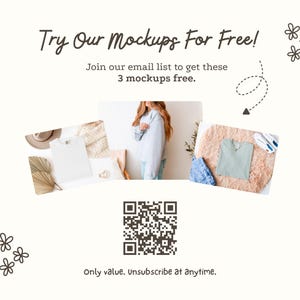 The image is a promotional graphic for a free mockup service, featuring a woman in a white sweater and a white shirt, along with a QR code and a text overlay.