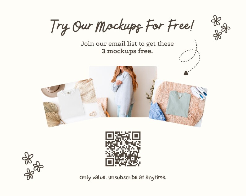 The image is a promotional graphic for a free mockup service, featuring a woman in a white sweater and a white shirt, along with a QR code and a text overlay.