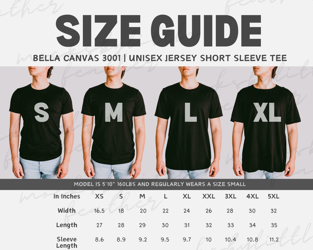 Bella Canvas 3001 Male Size Guide, BC3001 POD Mockup Sizing