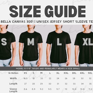 Bella Canvas 3001 男性用サイズガイド、BC3001 POD モックアップサイズ比較表、ユニセックス半袖Tシャツ、トレンドのシンプル男性モデルフィットガイド