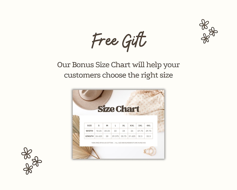 The image is a promotional graphic for a free size chart, which is designed to help customers choose the right size by providing a visual guide.