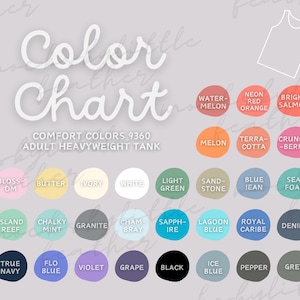 Carta de colores Comfort Colors 9360, ejemplos de colores para camisetas sin mangas, SwiftPOD C9360 30 muestras de color, carta de colores para camisetas sin mangas para adultos de alto rendimiento