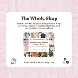 The image is a promotional graphic for a clothing store called "The Whole Shop". It features a collage of various clothing items and accessories, along with text providing information about the store's offerings and a free lifetime access to all future mockups.