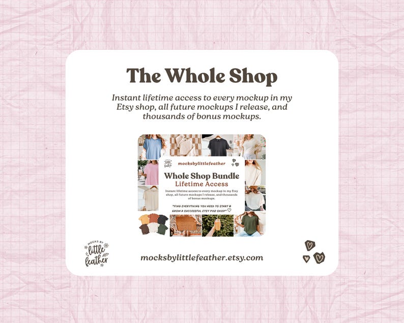 The image is a promotional graphic for a clothing store called "The Whole Shop". It features a collage of various clothing items and accessories, along with text providing information about the store's offerings and a free lifetime access to all future mockups.