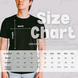 Bella Canvas 3001 男性用サイズ表、BC3001 POD モックアップサイズ比較表、ユニセックス半袖Tシャツ、トレンドのシンプル男性モデルフィットガイド