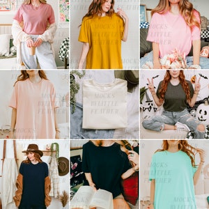 May include: A collection of nine different colored t-shirts, all featuring the text "Mocks by Little Feather". The t-shirts are shown on models in various poses and settings.