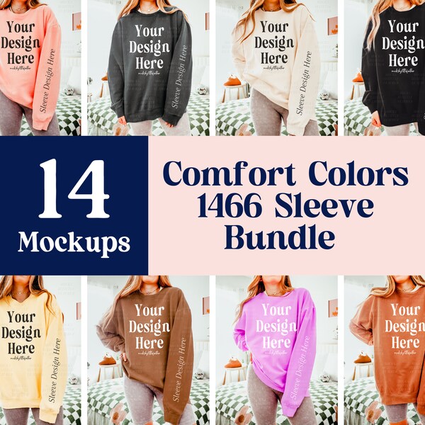 Comfort Colors 1466 Mockup Bundle, 1466 Ärmel-Mockups, Comfort Colors Sweatshirt Mockup, Leichtes Rundhals-Mockup, 1466 Größentabelle