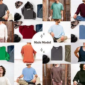 Puede incluir: Un collage de varias prendas de vestir para hombre, incluyendo camisetas, sudaderas y una sudadera con capucha, en una gama de colores como gris, verde, azul y burdeos. Los art&iacute;culos se muestran junto con vaqueros y accesorios, mostrando una colecci&oacute;n de ropa casual.