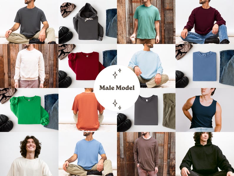 Puede incluir: Un collage de varias prendas de vestir para hombre, incluyendo camisetas, sudaderas y una sudadera con capucha, en una gama de colores como gris, verde, azul y burdeos. Los art&iacute;culos se muestran junto con vaqueros y accesorios, mostrando una colecci&oacute;n de ropa casual.