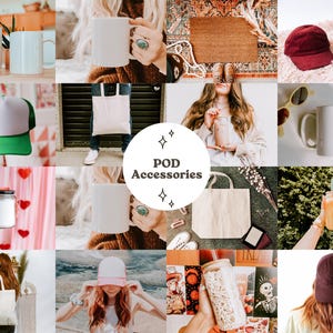 Puede incluir: Un collage de varios accesorios POD, que incluyen tazas blancas, una gorra de camionero verde y blanca, una bolsa de mano, una gorra de b&eacute;isbol granate y un tarro de cristal transparente. El texto "POD Accessories" est&aacute; en el centro.